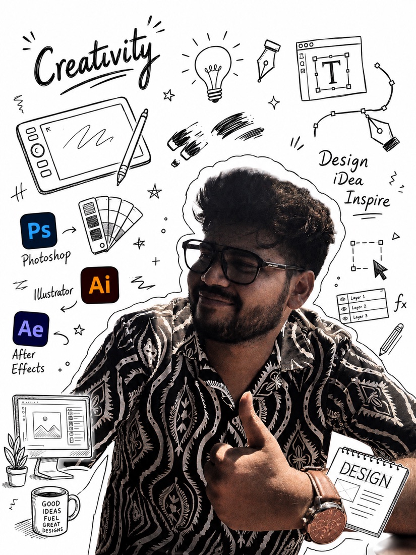 Kumar Mangalam — illustrated creative workspace portrait